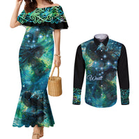 New Zealand Matariki Waiti Couples Matching Mermaid Dress and Long Sleeve Button Shirt The Beginnings Of Life LT9 Black - Polynesian Pride