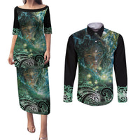New Zealand Matariki Waiti Couples Matching Puletasi and Long Sleeve Button Shirt Waimori and The Origin Of Life LT9 Black - Polynesian Pride