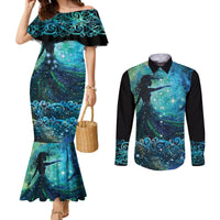 New Zealand Matariki Hiwa-i-te-rangi Couples Matching Mermaid Dress and Long Sleeve Button Shirt Titiro ki nga Whetu Wishing Star LT9 Black - Polynesian Pride