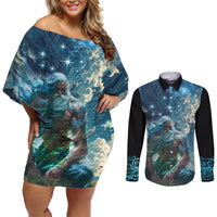 New Zealand Matariki Ururangi Couples Matching Off Shoulder Short Dress and Long Sleeve Button Shirt The Murmur Of The Wind LT9 Black - Polynesian Pride