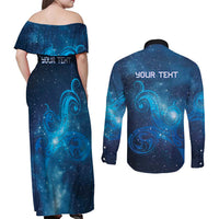 New Zealand Nurses RN Personalised Couples Matching Off Shoulder Maxi Dress and Long Sleeve Button Shirt Galaxy Stethoscope Maori Motif