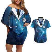 New Zealand Nurses RN Personalised Couples Matching Off Shoulder Short Dress and Hawaiian Shirt Galaxy Stethoscope Maori Motif
