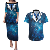 New Zealand Nurses RN Personalised Couples Matching Puletasi and Hawaiian Shirt Galaxy Stethoscope Maori Motif