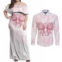 New Zealand Nurses RN Personalised Couples Matching Off Shoulder Maxi Dress and Long Sleeve Button Shirt Pink Stethoscope Coquette Bow Maori Motif