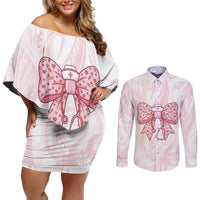 New Zealand Nurses RN Personalised Couples Matching Off Shoulder Short Dress and Long Sleeve Button Shirt Pink Stethoscope Coquette Bow Maori Motif LT9 Pink - Polynesian Pride