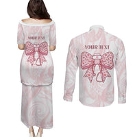 New Zealand Nurses RN Personalised Couples Matching Puletasi and Long Sleeve Button Shirt Pink Stethoscope Coquette Bow Maori Motif