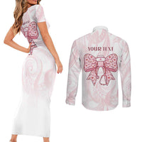 New Zealand Nurses RN Personalised Couples Matching Short Sleeve Bodycon Dress and Long Sleeve Button Shirt Pink Stethoscope Coquette Bow Maori Motif LT9 - Polynesian Pride