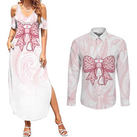 New Zealand Nurses RN Personalised Couples Matching Summer Maxi Dress and Long Sleeve Button Shirt Pink Stethoscope Coquette Bow Maori Motif