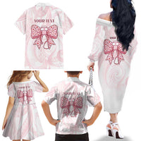 New Zealand Nurses RN Personalised Family Matching Off The Shoulder Long Sleeve Dress and Hawaiian Shirt Pink Stethoscope Coquette Bow Maori Motif