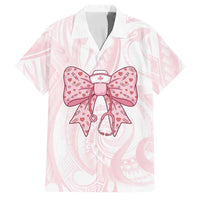 New Zealand Nurses RN Personalised Family Matching Off The Shoulder Long Sleeve Dress and Hawaiian Shirt Pink Stethoscope Coquette Bow Maori Motif