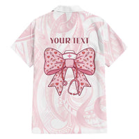 New Zealand Nurses RN Personalised Family Matching Off The Shoulder Long Sleeve Dress and Hawaiian Shirt Pink Stethoscope Coquette Bow Maori Motif