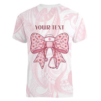 New Zealand Nurses RN Personalised Women V-Neck T-Shirt Pink Stethoscope Coquette Bow Maori Motif