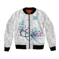 New Zealand Nurses RN Personalised Bomber Jacket Stethoscope Floral Maori Motif LT9 Unisex White - Polynesian Pride
