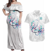 New Zealand Nurses RN Personalised Couples Matching Off Shoulder Maxi Dress and Hawaiian Shirt Stethoscope Floral Maori Motif