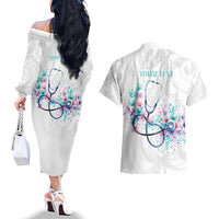 New Zealand Nurses RN Personalised Couples Matching Off The Shoulder Long Sleeve Dress and Hawaiian Shirt Stethoscope Floral Maori Motif