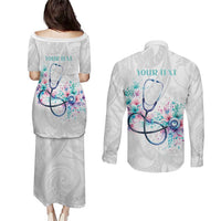 New Zealand Nurses RN Personalised Couples Matching Puletasi and Long Sleeve Button Shirt Stethoscope Floral Maori Motif