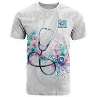 New Zealand Nurses RN Personalised T Shirt Stethoscope Floral Maori Motif LT9 White - Polynesian Pride