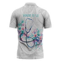 New Zealand Nurses RN Personalised Zipper Polo Shirt Stethoscope Floral Maori Motif