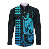 Custom Hawaii Long Sleeve Button Shirt King Kamehameha - Aqua LT9 Unisex Aqua - Polynesian Pride