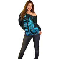 Custom Hawaii Off Shoulder Sweater King Kamehameha - Aqua LT9 - Polynesian Pride