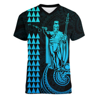 Custom Hawaii Women V Neck T Shirt King Kamehameha - Aqua LT9 Female Aqua - Polynesian Pride