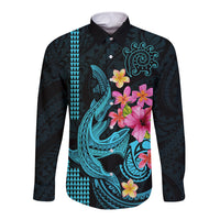 Custom Polynesian Long Sleeve Button Shirt Hawaiian Warriors with Tribal Shark Tattoos - Blue LT9 Unisex Blue - Polynesian Pride