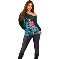 Custom Polynesian Off Shoulder Sweater Hawaiian Warriors with Tribal Shark Tattoos - Blue LT9 - Polynesian Pride