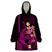 Custom Polynesian Wearable Blanket Hoodie Hawaiian Warriors with Tribal Shark Tattoos - Pink LT9 One Size Pink - Polynesian Pride