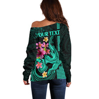 Custom Polynesian Off Shoulder Sweater Hawaiian Warriors with Tribal Shark Tattoos - Turquoise LT9 - Polynesian Pride