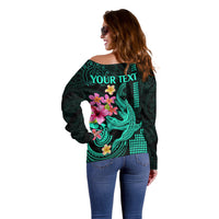 Custom Polynesian Off Shoulder Sweater Hawaiian Warriors with Tribal Shark Tattoos - Turquoise LT9 - Polynesian Pride