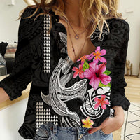 Custom Polynesian Women Casual Shirt Hawaiian Warriors with Tribal Shark Tattoos - White LT9 Female White - Polynesian Pride