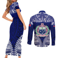 Personalised Samoa Coat Of Arms Couples Matching Short Sleeve Bodycon Dress and Long Sleeve Button Shirt With Polynesian Pattern Version