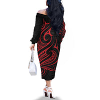 Tahitian Coat Of Arm and Tiare Flower Family Matching Off The Shoulder Long Sleeve Dress and Hawaiian Shirt Polynesian Tribal Tattoo