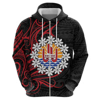 Tahitian Coat Of Arm and Tiare Flower Zip Hoodie Polynesian Tribal Tattoo
