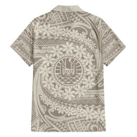 Tahitian Tiare Flower Family Matching Off Shoulder Short Dress and Hawaiian Shirt Beige Polynesian Pattern