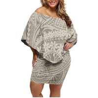 Tahitian Tiare Flower Family Matching Off Shoulder Short Dress and Hawaiian Shirt Beige Polynesian Pattern