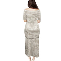 Tahitian Tiare Flower Family Matching Puletasi and Hawaiian Shirt Beige Polynesian Pattern