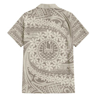 Tahitian Tiare Flower Family Matching Short Sleeve Bodycon Dress and Hawaiian Shirt Beige Polynesian Pattern