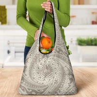 Tahitian Tiare Flower Grocery Bag Beige Polynesian Pattern