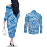 Tahitian Tiare Flower Couples Matching Off The Shoulder Long Sleeve Dress and Long Sleeve Button Shirt Blue Polynesian Pattern