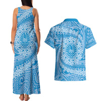 Tahitian Tiare Flower Couples Matching Tank Maxi Dress and Hawaiian Shirt Blue Polynesian Pattern