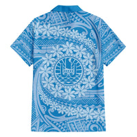 Tahitian Tiare Flower Family Matching Off The Shoulder Long Sleeve Dress and Hawaiian Shirt Blue Polynesian Pattern