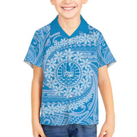 Tahitian Tiare Flower Family Matching Tank Maxi Dress and Hawaiian Shirt Blue Polynesian Pattern
