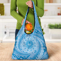 Tahitian Tiare Flower Grocery Bag Blue Polynesian Pattern