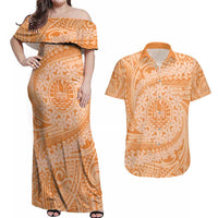 Tahitian Tiare Flower Couples Matching Off Shoulder Maxi Dress and Hawaiian Shirt Gold Polynesian Pattern