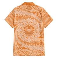 Tahitian Tiare Flower Family Matching Off Shoulder Short Dress and Hawaiian Shirt Gold Polynesian Pattern