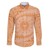 Tahitian Tiare Flower Family Matching Off Shoulder Short Dress and Hawaiian Shirt Gold Polynesian Pattern