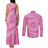 Tahitian Tiare Flower Couples Matching Tank Maxi Dress and Long Sleeve Button Shirt Pink Polynesian Pattern