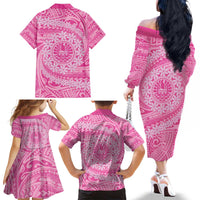 Tahitian Tiare Flower Family Matching Off The Shoulder Long Sleeve Dress and Hawaiian Shirt Pink Polynesian Pattern