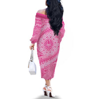 Tahitian Tiare Flower Family Matching Off The Shoulder Long Sleeve Dress and Hawaiian Shirt Pink Polynesian Pattern